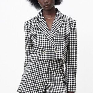 Zara Black White Houndstooth Cropped Blazer M​​​​​​​​​​​​​​​​​​​